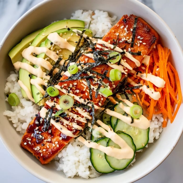 Savory teriyaki salmon rice bowl: Flaky salmon over fluffy rice, garnished with colorful vegetables and sesame seeds.