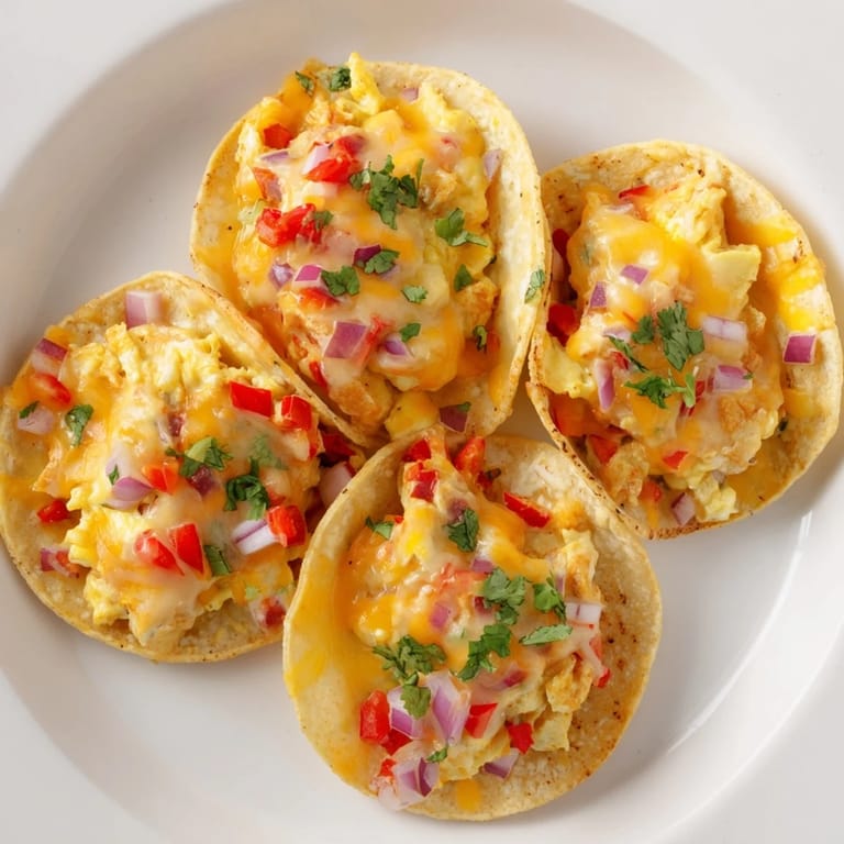 A close-up view of warm, cheesy Sheet Pan Breakfast Tacos, ready to be topped with salsa.