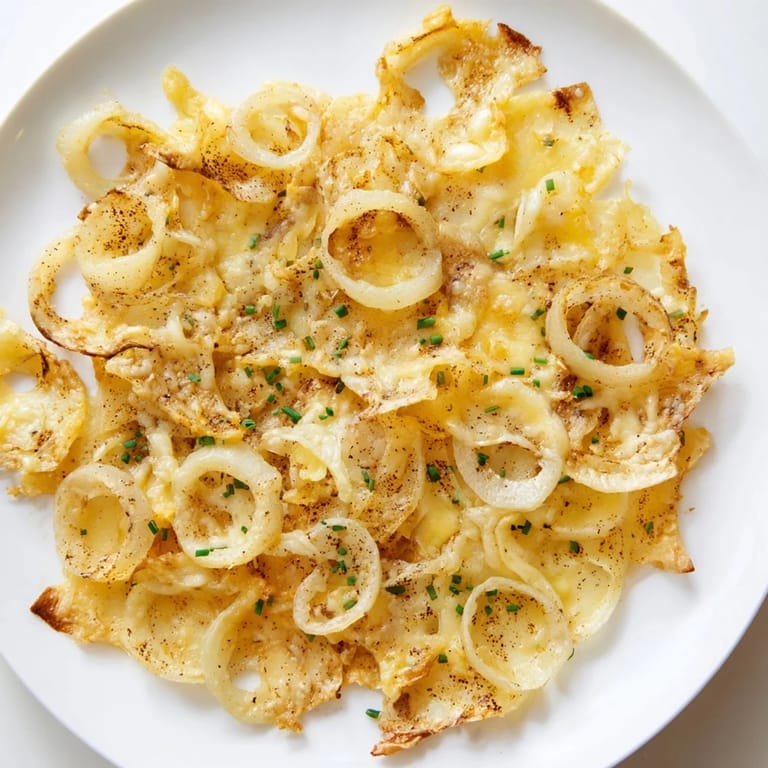 Melted cheese hugging tender, browned onions: delicious image of fresh-made crispy onion cheese chips.