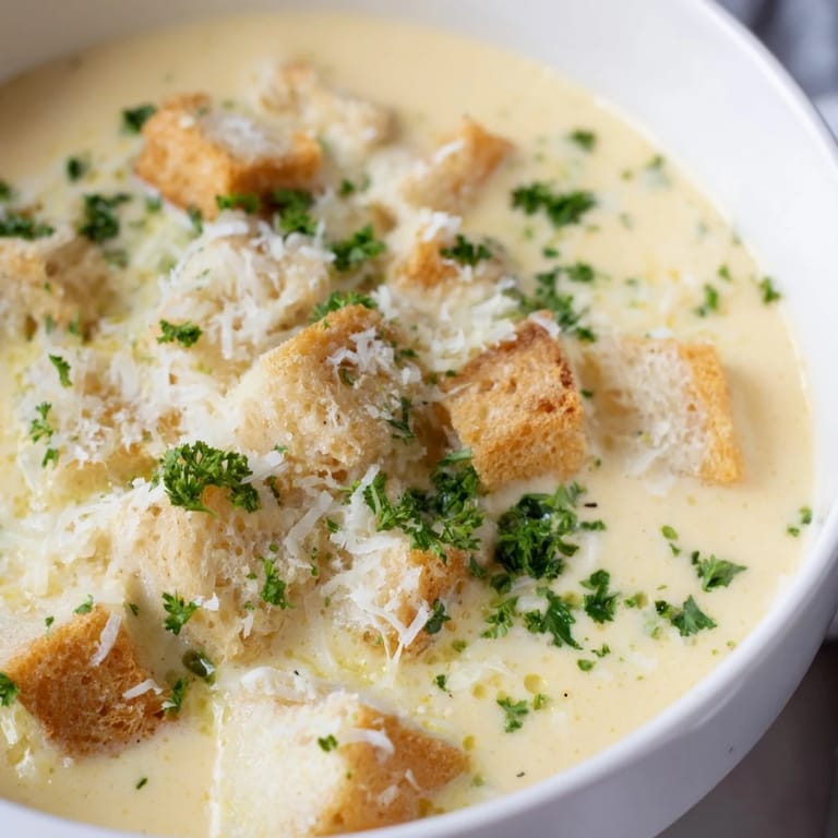 Enjoy a steaming bowl of homemade Creamy Garlic Bread Soup, rich with buttery, garlic aromas.