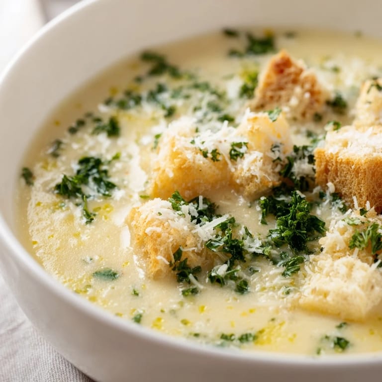 This velvety Creamy Garlic Bread Soup features golden bread croutons, ready to be enjoyed spoon by spoon.