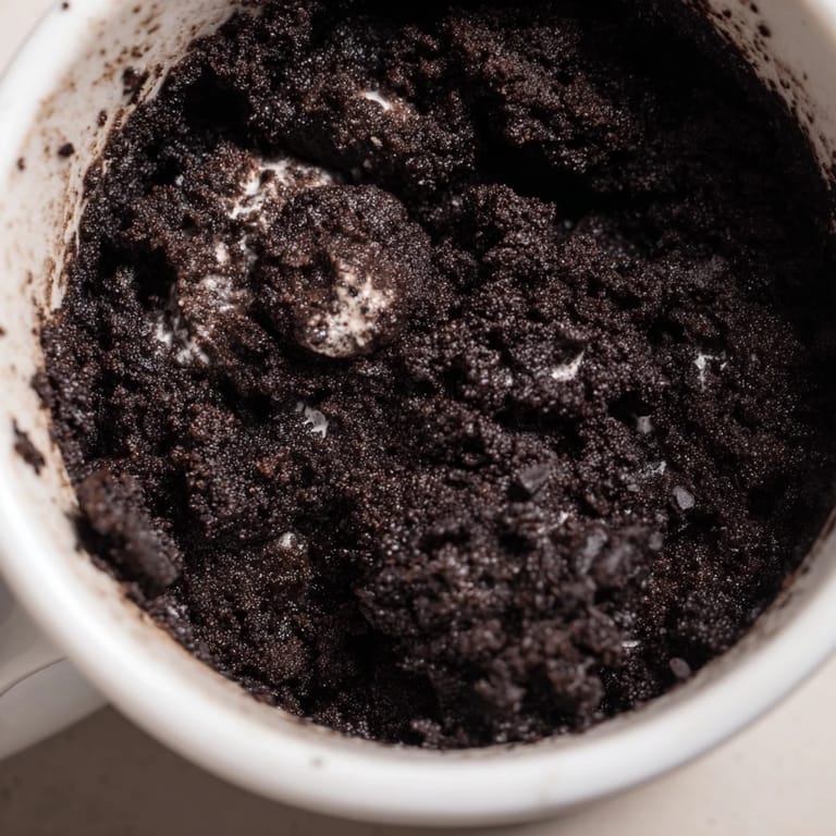 A single serving Oreo Mug Cake, rich chocolate with visible Oreo cookie pieces, ready to eat.