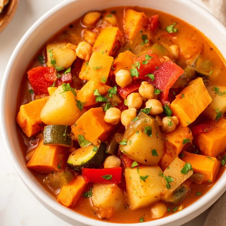 Enjoy a close-up of this delicious Hearty Vegan Sweet Potato Stew, with a fresh parsley garnish.