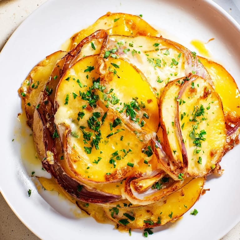 A close-up of cheesy French Onion Soup Potatoes with caramelized onions, offering savory and delicious textures.
