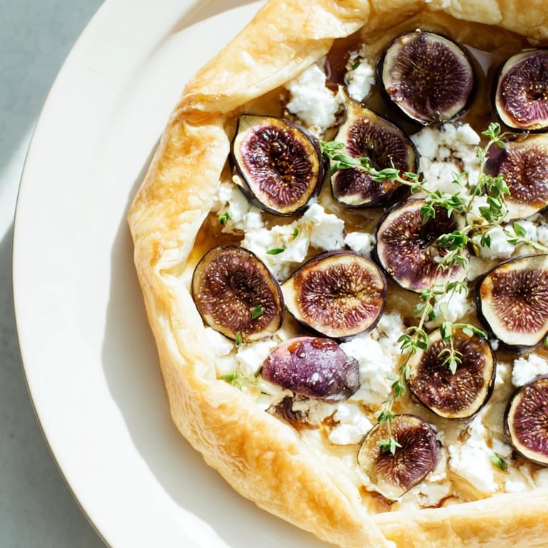 Crispy-edged puff pastry truffle pizza with sweet figs and creamy goat cheese, ready for a delicious bite.