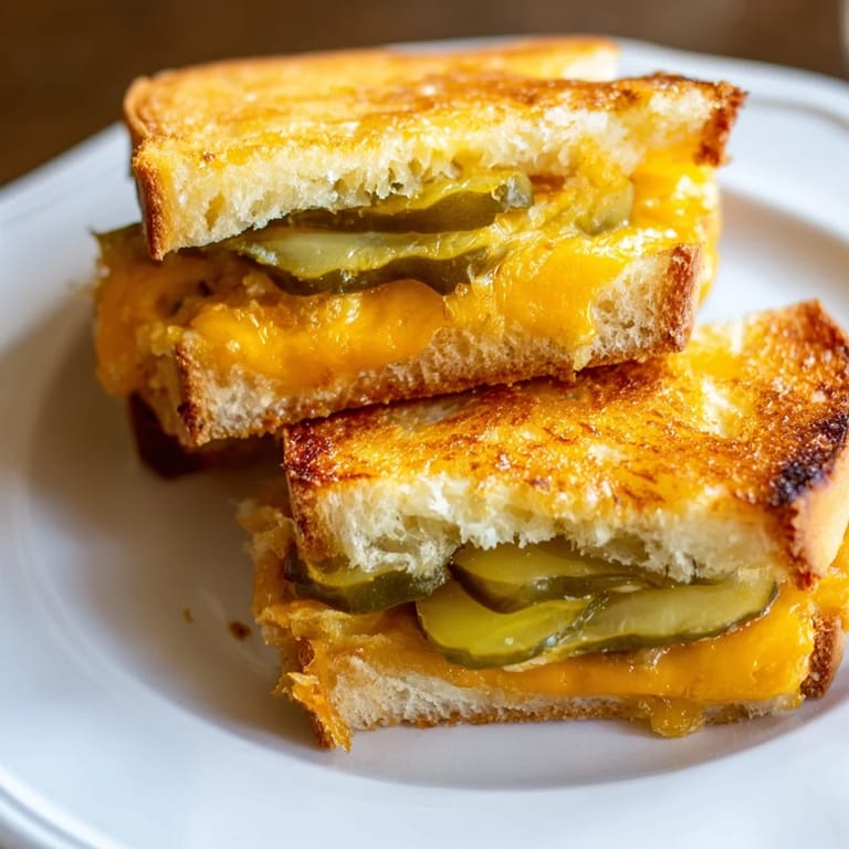 Crispy melted cheddar cheese forms the bread of this unique Pickle Bread Sandwich, ready to enjoy.