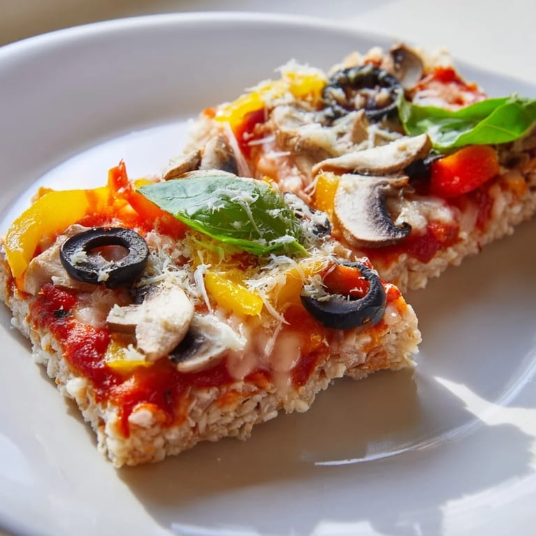 A close-up of cheesy rice cake pizza squares, a quick and easy gluten-free snack idea.