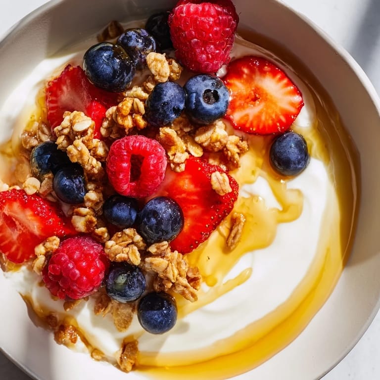 A vibrant breakfast: spoonful of cottage cheese hot honey bowl with juicy berries and crunchy granola.