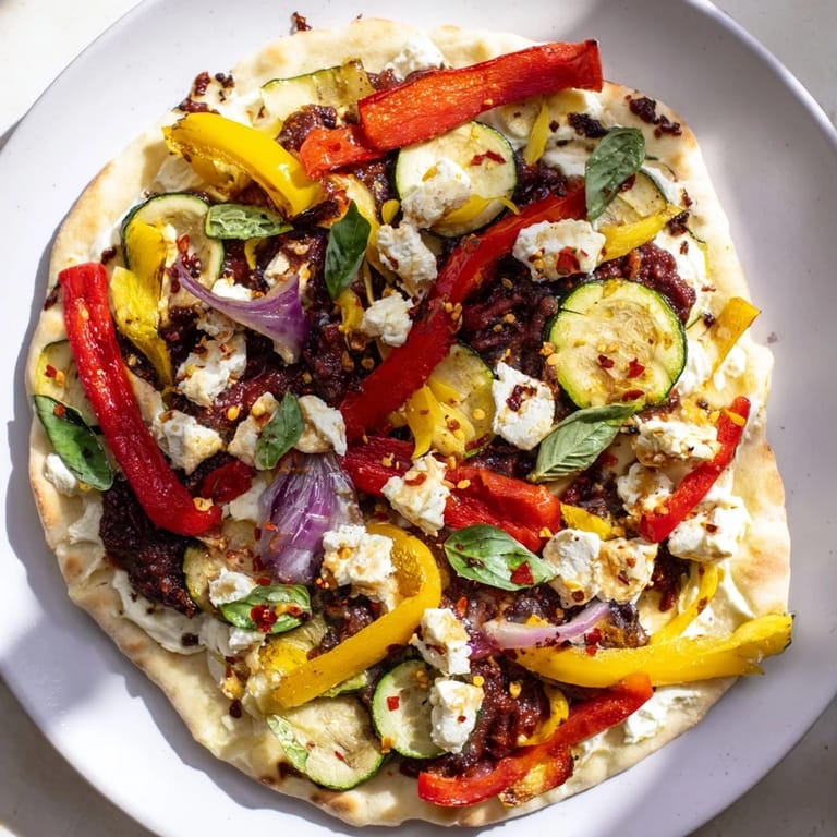 Flavorful Naan Bread Pizza, a Mediterranean delight with vibrant vegetables and a crispy crust.
