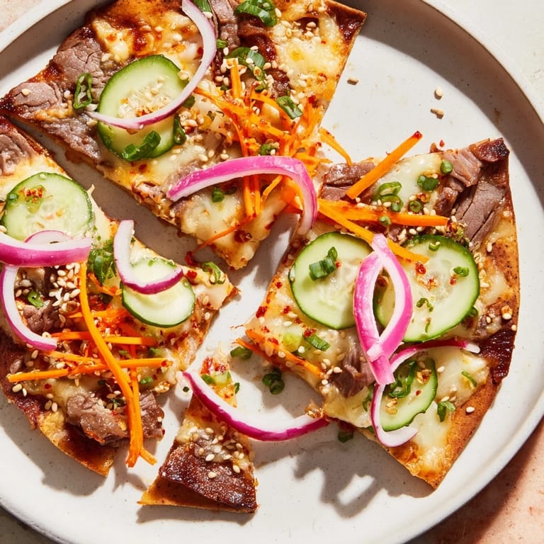 Savory Korean BBQ nachos feature tender beef, fresh vegetables, and melted cheese, perfect for sharing.