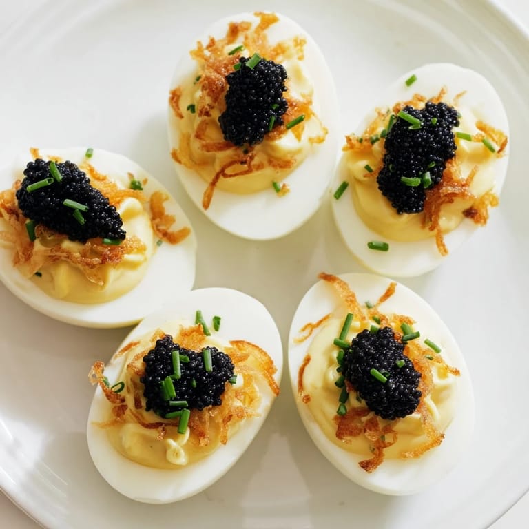 Creamy deviled eggs, ready to serve, adorned with black caviar and golden crispy shallots.
