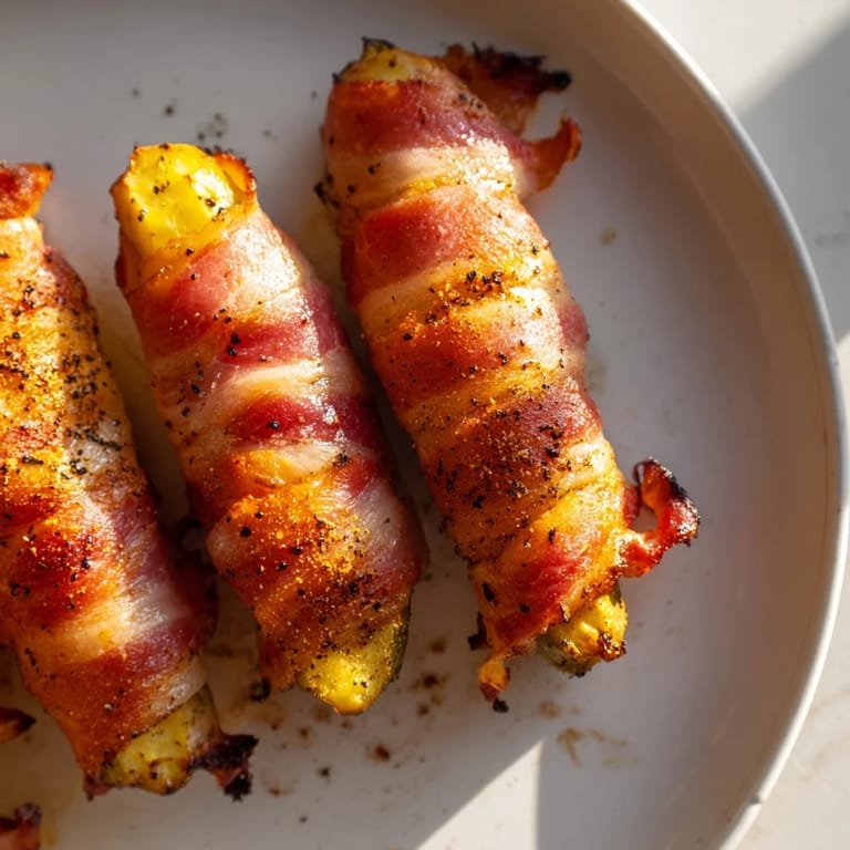 A close-up of baked bacon-wrapped pickles, showcasing the crispy bacon and dill pickle filling.