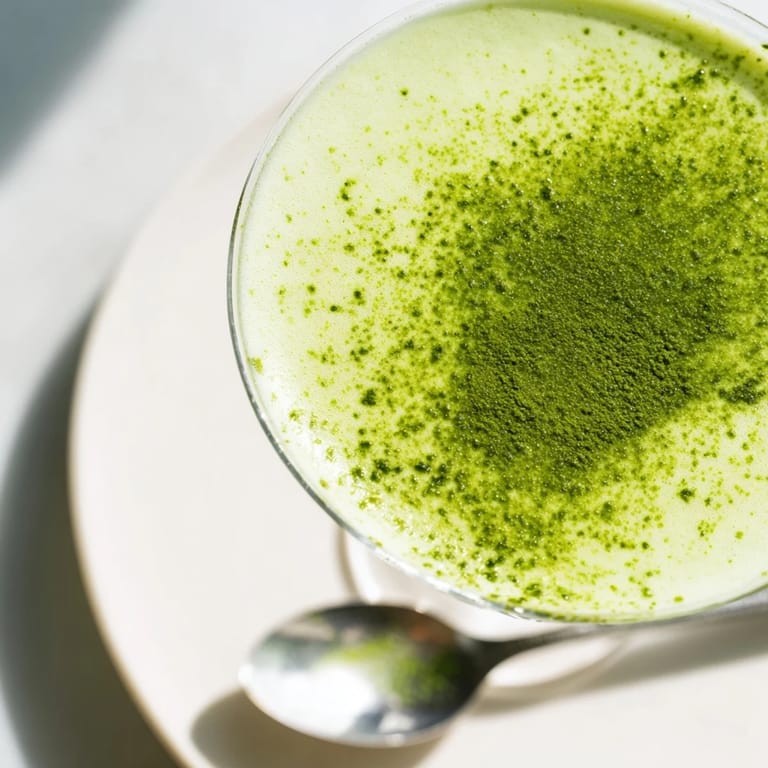 Elegant martini glass overflowing with a rich Matcha Martini, a unique cocktail creation for any occasion.