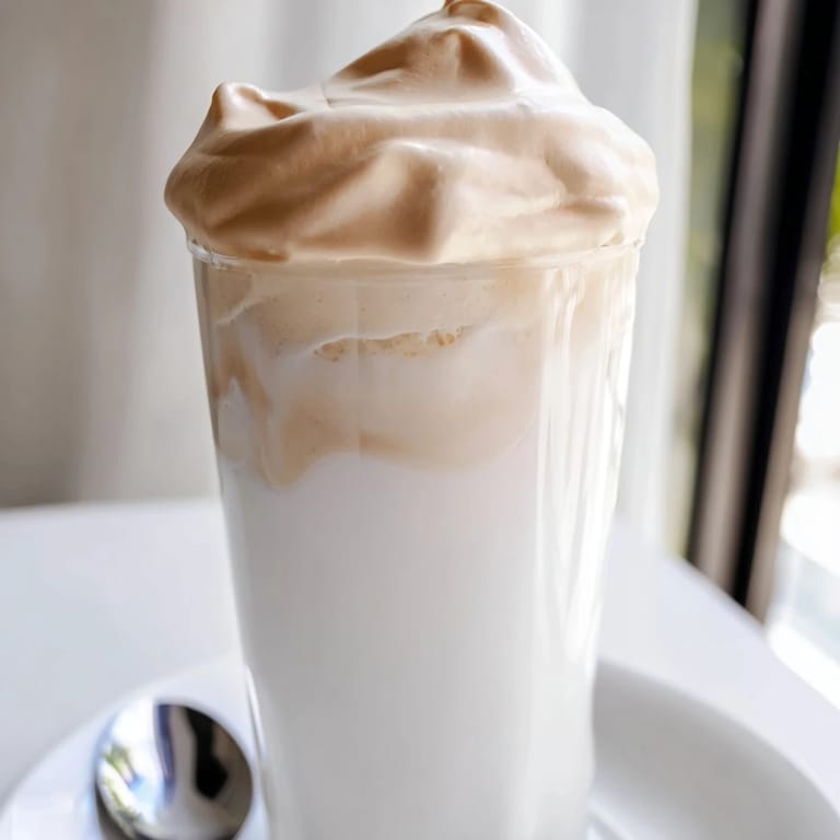 A close-up view of the frothy whipped Dalgona coffee sitting in a cold, refreshing glass.