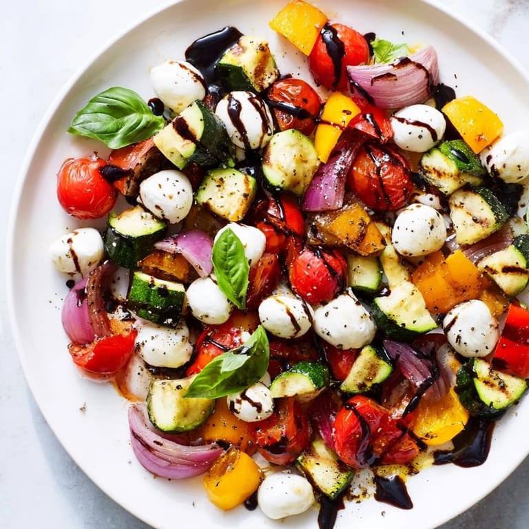 A colorful Roasted Veggie Caprese Salad, showcasing roasted veggies, mozzarella balls, and fresh basil leaves.