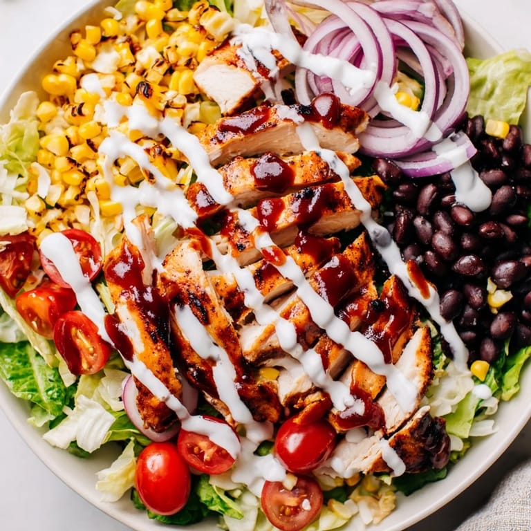A hearty BBQ chicken salad boasts smoky chicken, sweet corn, and creamy ranch dressing atop fresh greens.