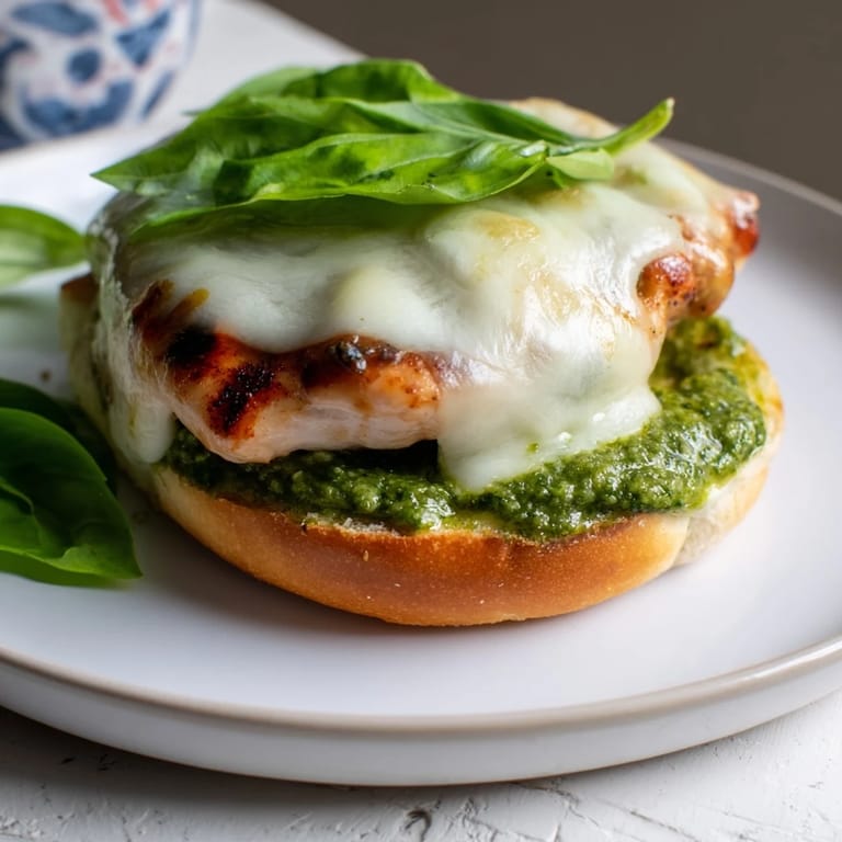 Savory Pesto Chicken Melt: imagine warm, cheesy mozzarella oozing over perfectly grilled chicken cutlets.