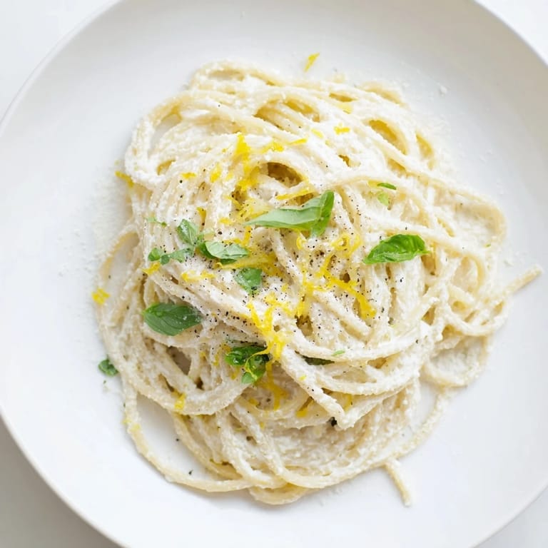 Creamy, glistening Lemon Ricotta Pasta, tossed with spaghetti and ready to be served hot.