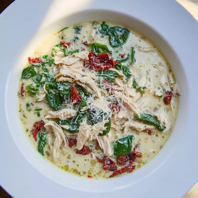 Close-up photo of the finished Creamy Tuscan Chicken Soup, rich with spinach and tomatoes.