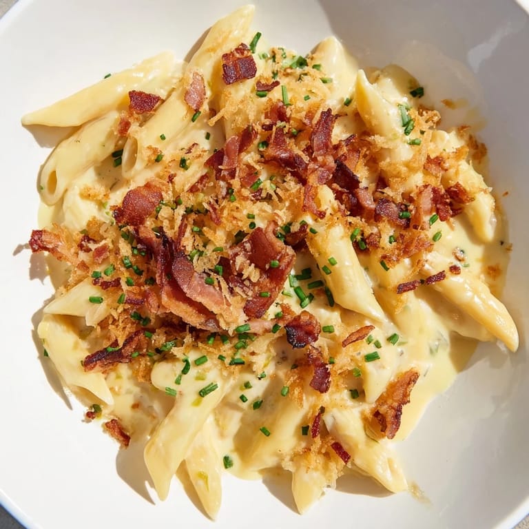 This comforting bowl of Jalapeño Popper Pasta features a rich cheese sauce and spicy jalapeños.