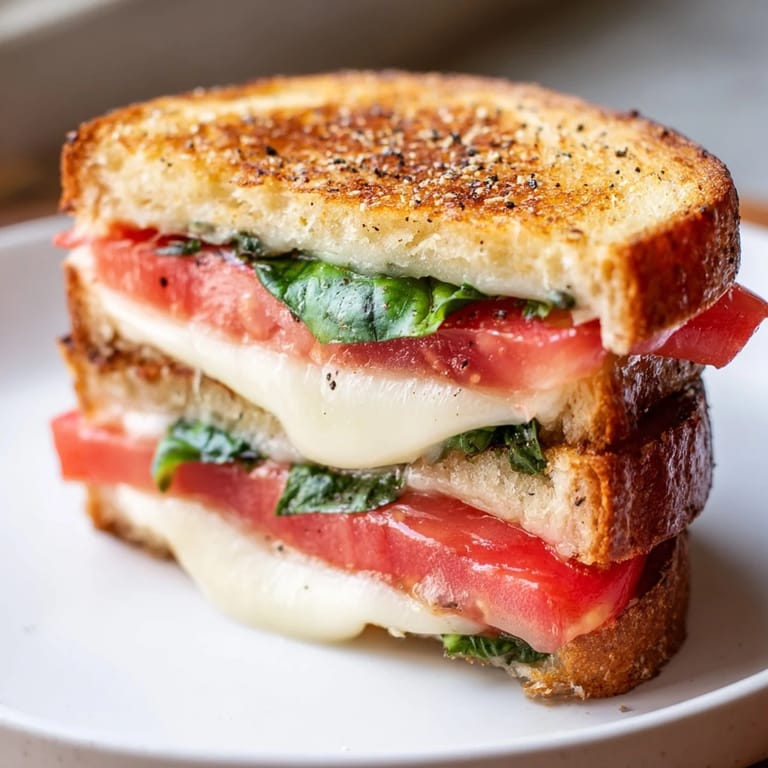 A close-up of a warm, comforting Tomato Basil Grilled Cheese, ready to be sliced and enjoyed.