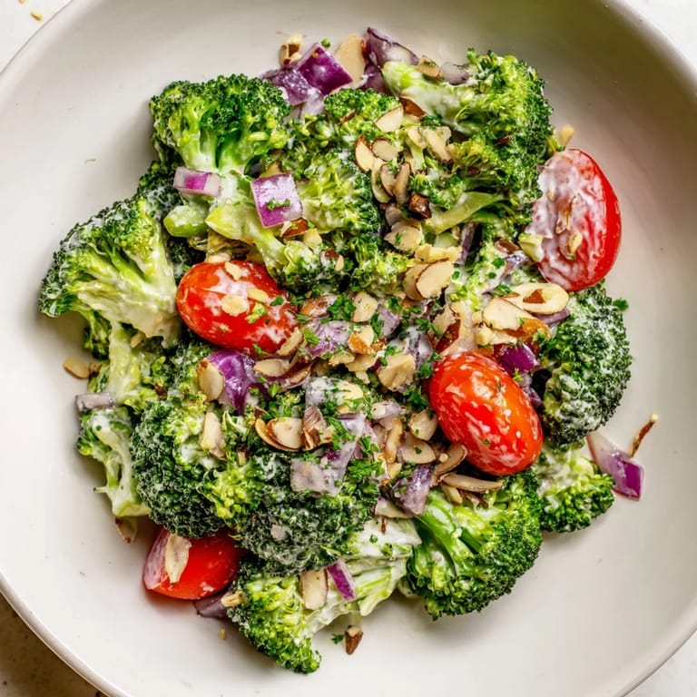 Freshly tossed Garlic Parmesan Broccoli Salad with toasted almonds, a flavorful and easy recipe.