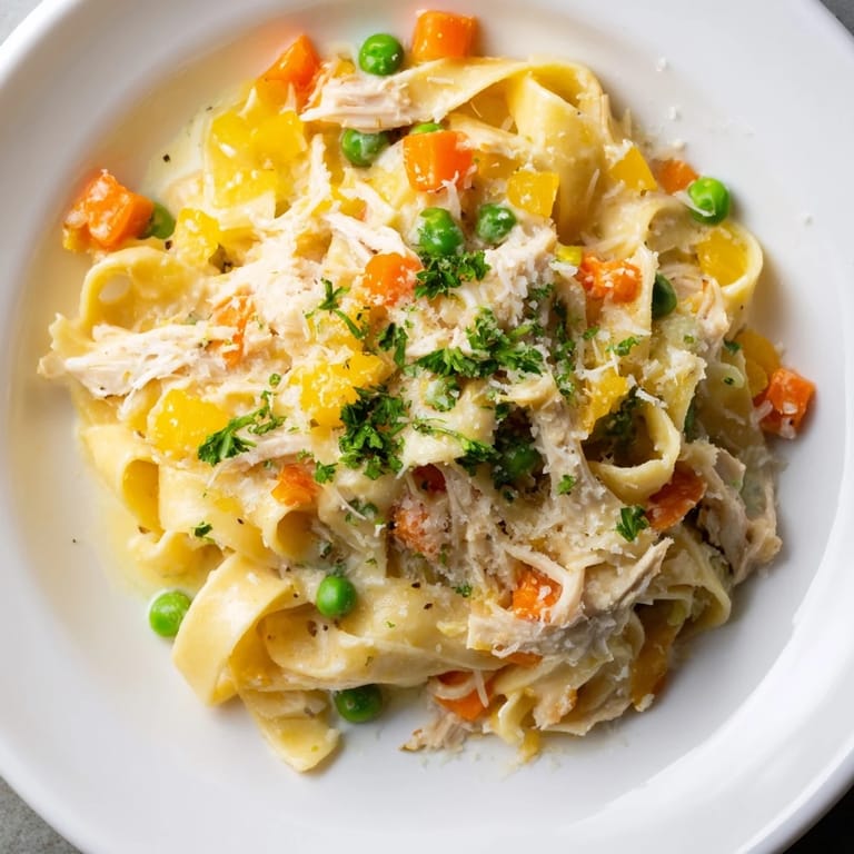 A close-up of a delightful spring chicken noodle skillet, ready to serve with fresh parsley.