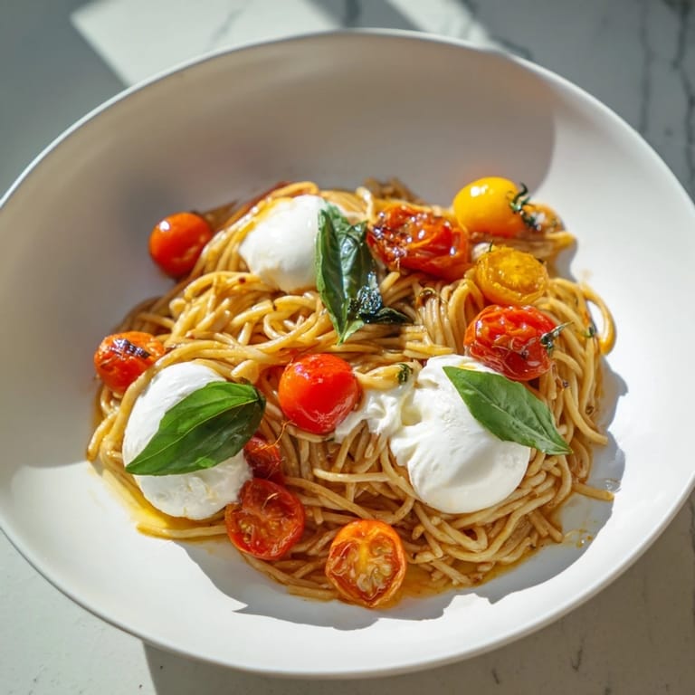Enjoy this comforting bowl of vibrant Burrata Caprese pasta, tossed with fresh basil.