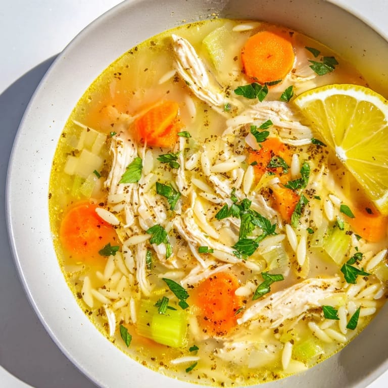 Hearty Lemon Pepper Chicken Orzo Soup, topped with fresh parsley and lemon wedges for a bright taste.