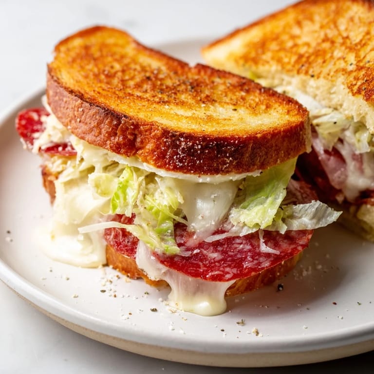 A close-up of a flavorful Italian sub grilled cheese, perfect for a satisfying lunch or dinner.
