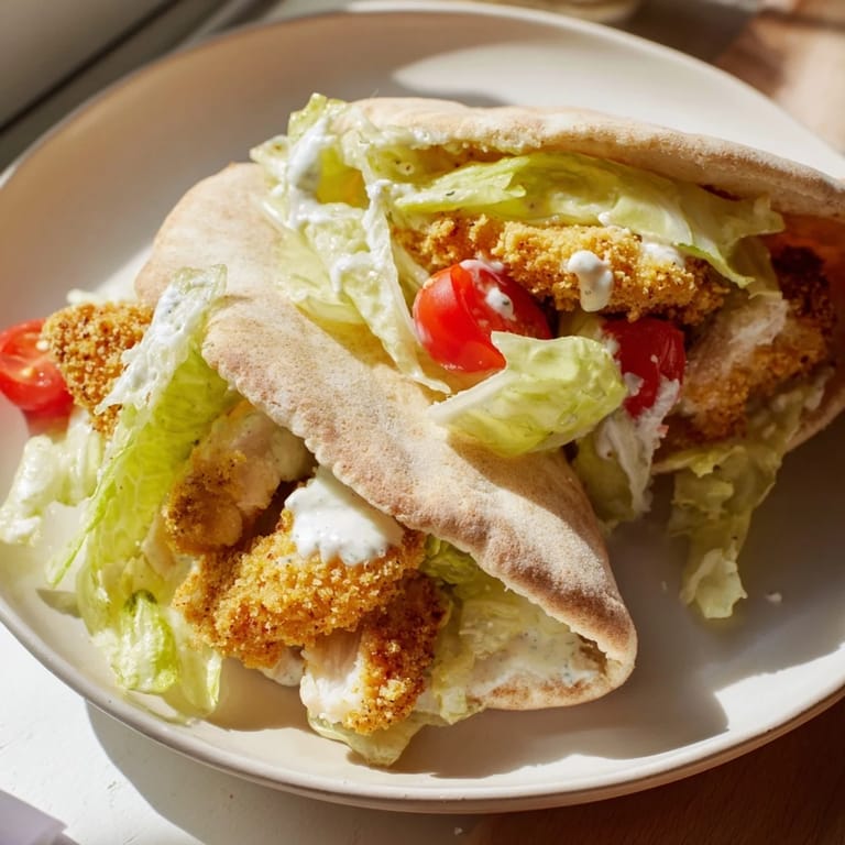 This Crispy Chicken Caesar Pita features flavorful chicken, creamy dressing, and Parmesan, a delicious handheld meal.