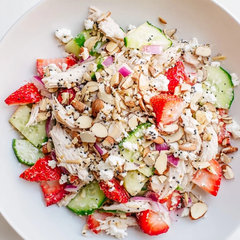 Close-up of a colorful Strawberry Poppy Seed Chicken Salad, a perfect light lunch option.