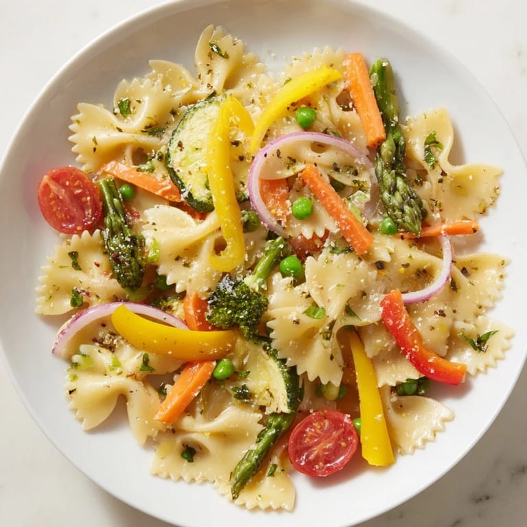 Steaming bowl of Rainbow Veggie Pasta Primavera, with bright colors and a light olive oil sauce.