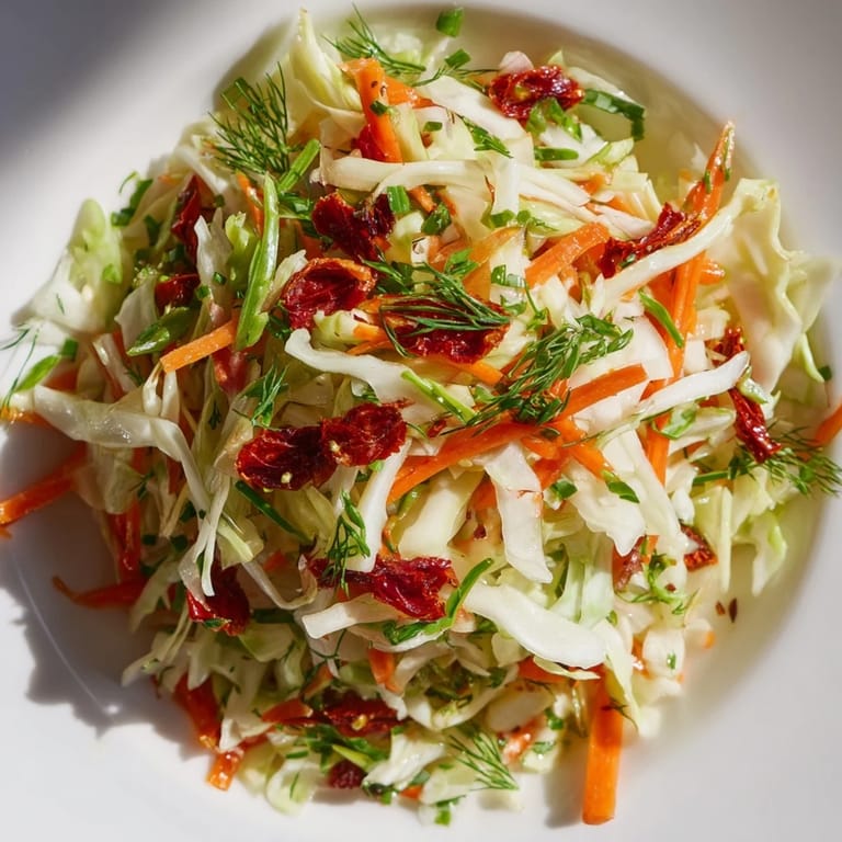 Vibrant cabbage salad featuring sun-dried tomatoes, fresh dill and chives, drizzled with a tangy vinaigrette for a crunchy, refreshing side dish.
