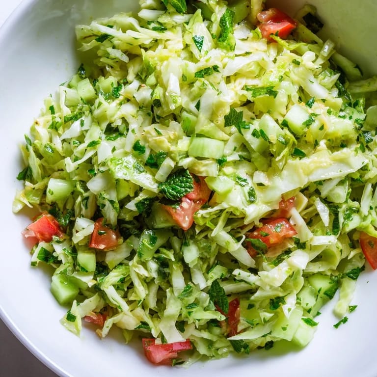 A vibrant bowl of Lebanese Cabbage Salad, sprinkled with parsley and mint, served chilled as a refreshing vegan side dish.  