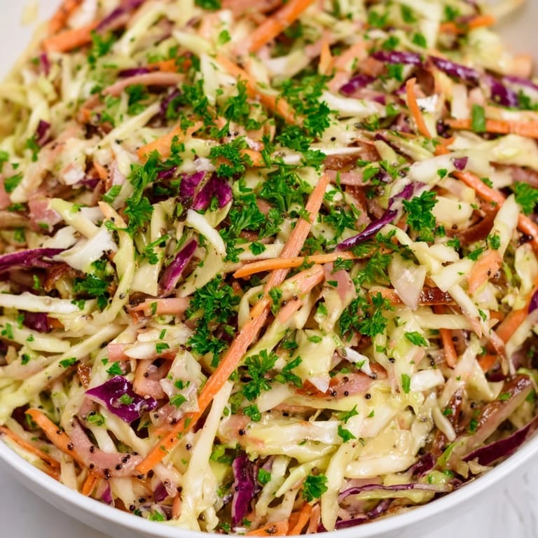 A colorful bowl of German Cabbage Coleslaw With Shredded Ham features tender ham, crisp veggies, and a bright apple cider vinegar dressing, ready to serve.