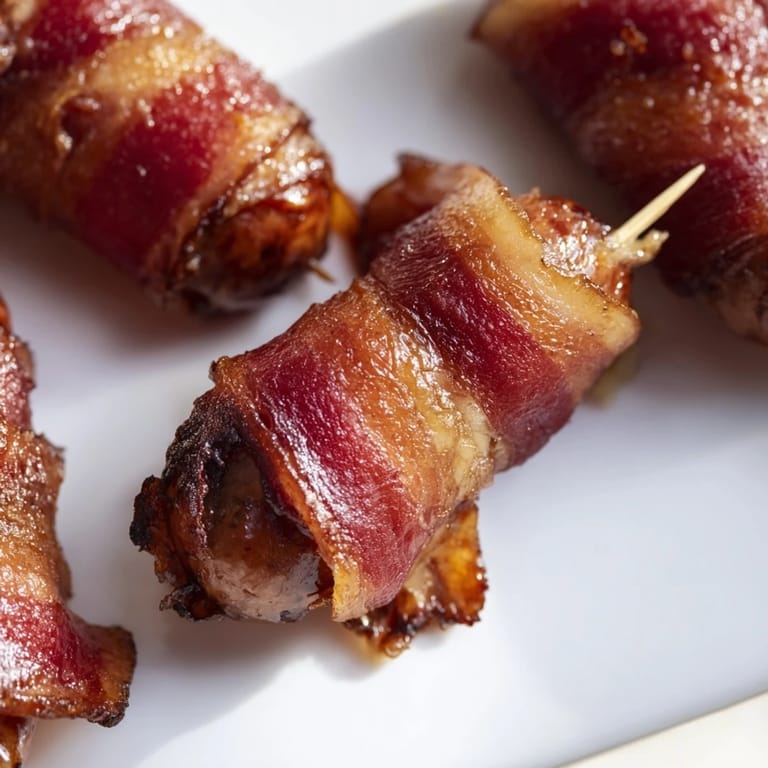 Savory cocktail sausages wrapped in smoky bacon, served warm with toothpicks for easy grabbing.
