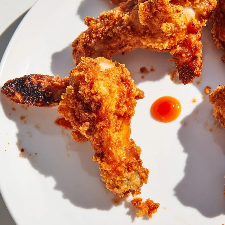 Thai sweet chili glazed fried chicken wings with a side of ranch dressing, highlighted on a white plate with lime wedges.