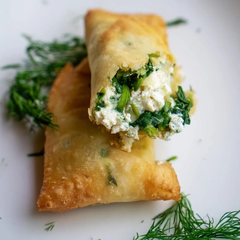 Six freshly fried Spanakopita Spring Rolls on a parchment-lined tray, garnished with chopped dill and feta crumbles.