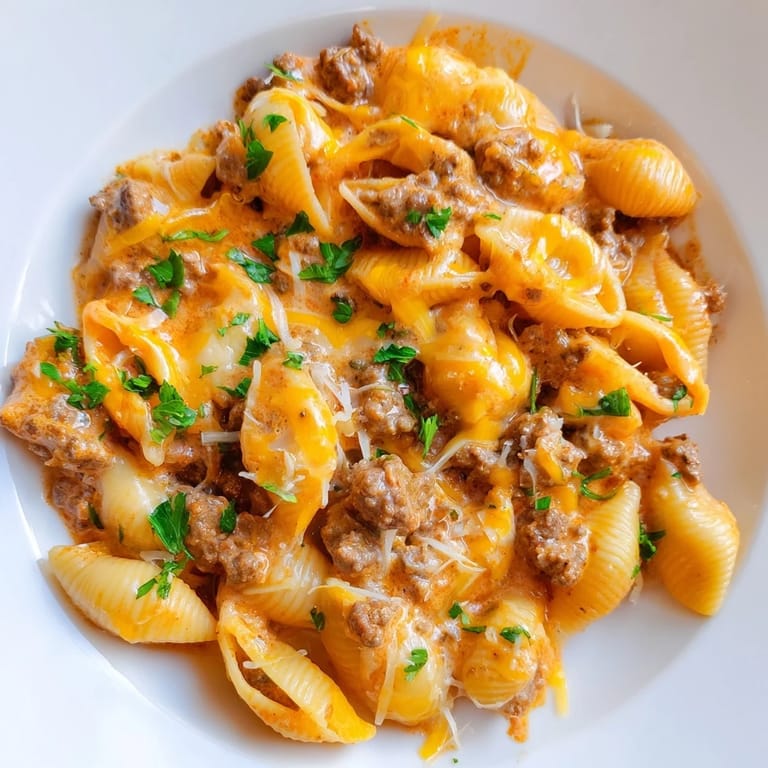 A comforting bowl of One Pot Creamy Beef and Shells topped with parsley, ready for a weeknight dinner.