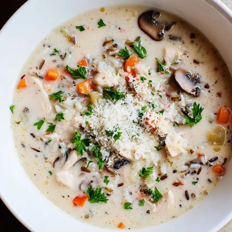 Spoon-ready Parmesan Mushroom Chicken and Wild Rice Soup, served hot and ideal for a chilly evening with crusty bread on the side.