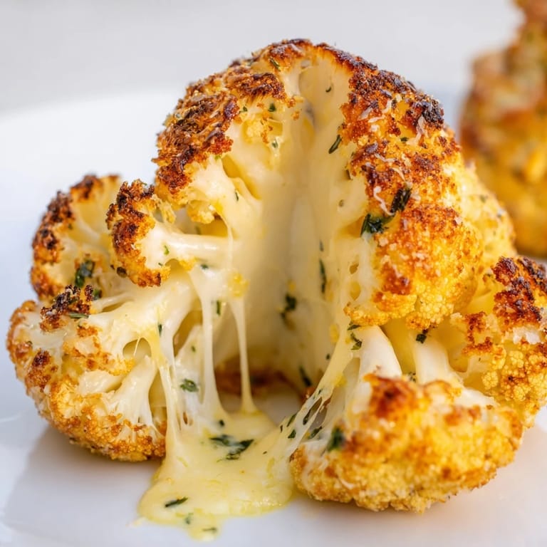 Close-up of Cheesy Stuffed Cauliflower Head, highlighting the creamy cheese filling and crispy cheddar breadcrumb topping on tender cauliflower florets.  
