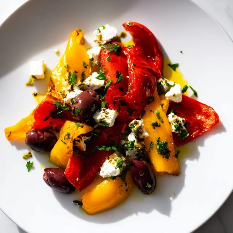 Warm Roasted Greek Salad served on crisp cucumber slices with zesty lemon-oregano dressing.