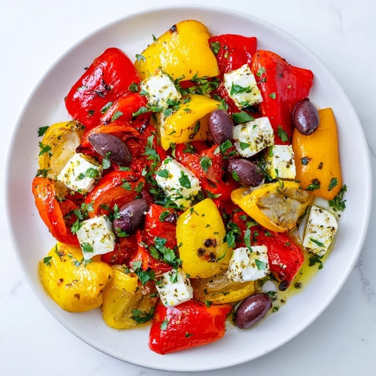 Roasted Greek Salad tossed with roasted bell peppers, eggplant, feta, and parsley.