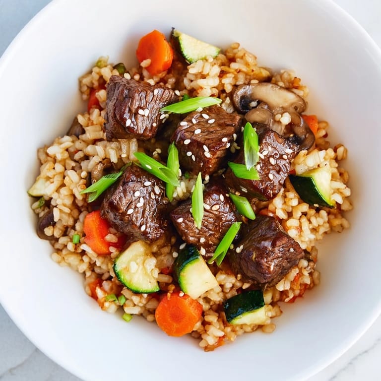 A steaming skillet of Easy Hibachi Steak fried rice, with seared steak pieces, colorful veggies, and a pat of butter melting on top.