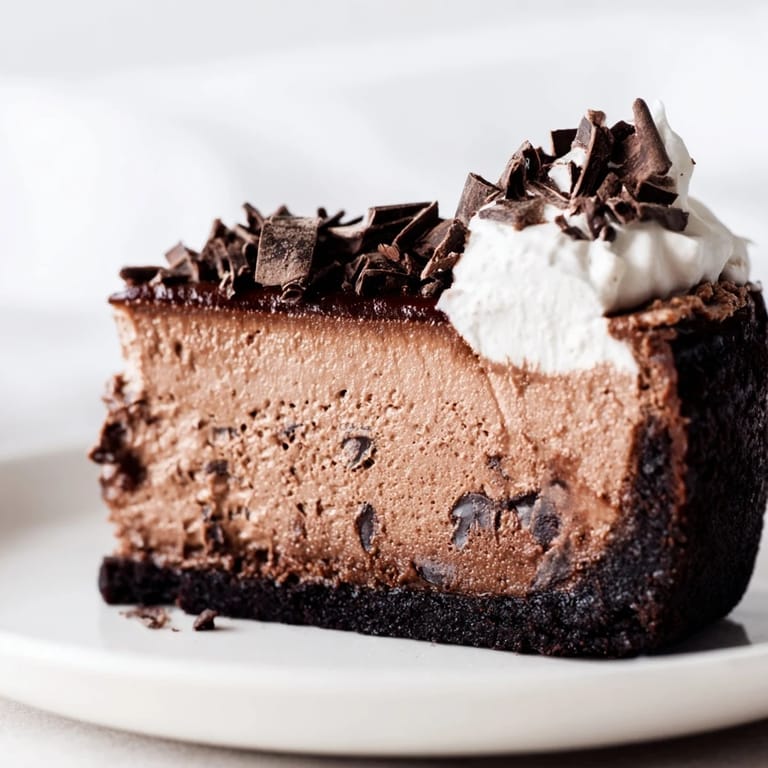 Served on a white plate, the Lighter Chocolate Cottage Cheese Cheesecake is topped with a dollop of Greek yogurt and shaved dark chocolate.  