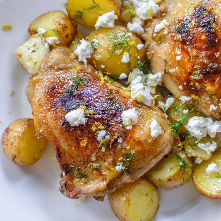 Herb-crusted Roasted Chicken with Pot Potatoes, Lemon Herbs, and Feta is garnished with fresh dill.