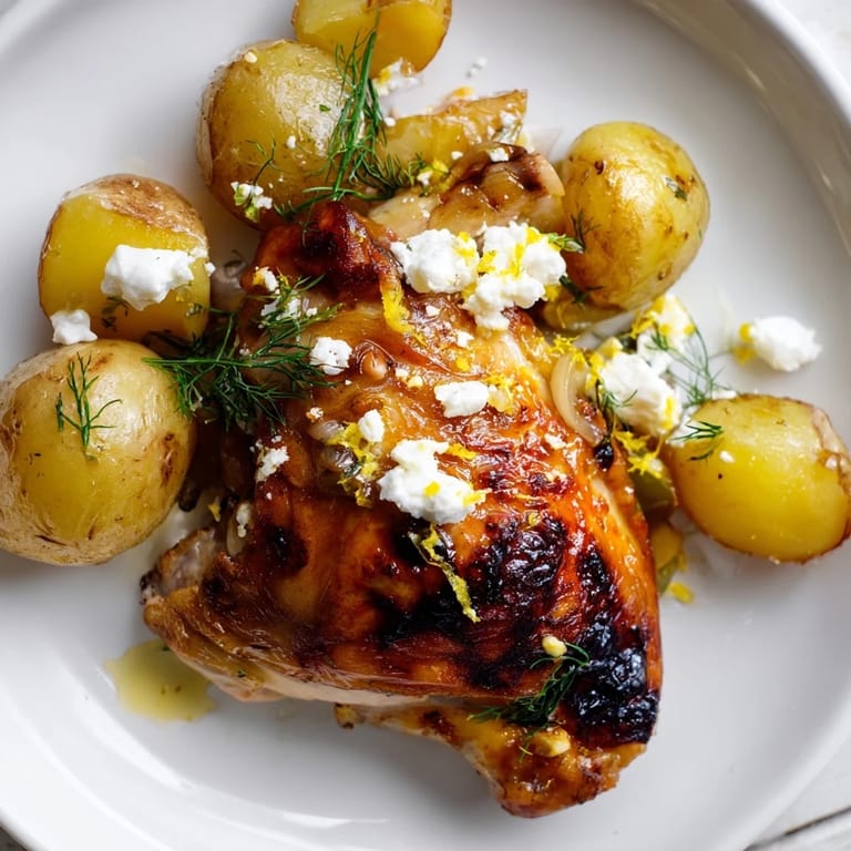 Tender Roasted Chicken with Pot Potatoes, Lemon Herbs, and Feta is plated with crumbled feta.