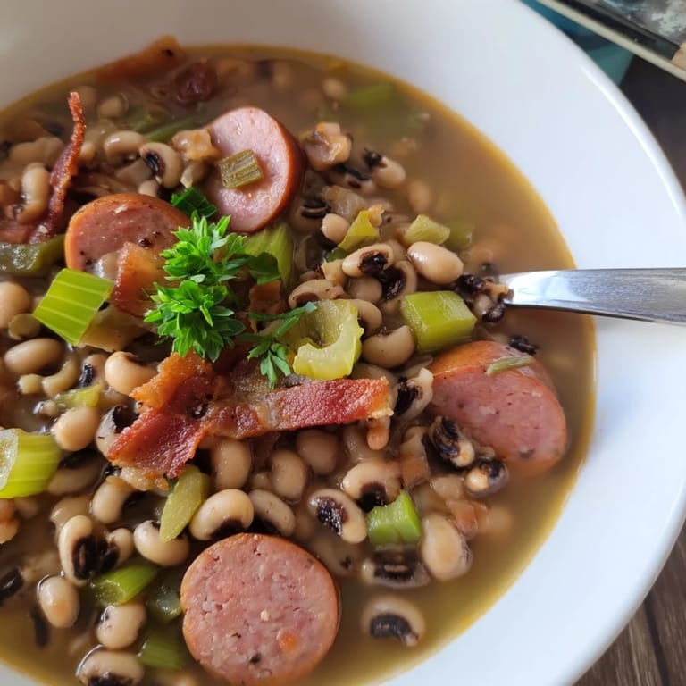 Steaming bowl of Southern-Style Black-Eyed Peas, featuring tender peas, bacon, and aromatic Creole spices for a comforting meal.