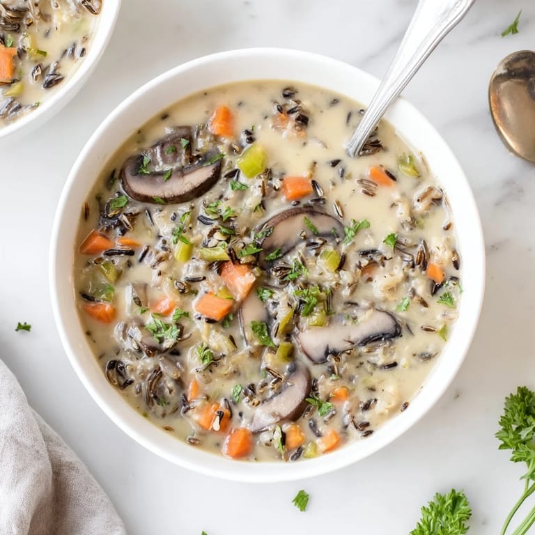 Hearty Wild Rice Mushroom Soup simmering in a pot with earthy mushrooms and fresh thyme, creating a rich aroma.  